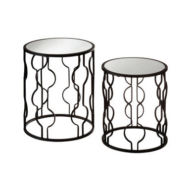 Set of 2 Black Metal Base Side Tables with Arabesque Detailing and Mirrored Glass Tops | Avantis