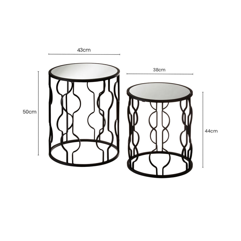Set of 2 Black Metal Base Side Tables with Arabesque Detailing and Mirrored Glass Tops | Avantis