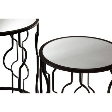 Set of 2 Black Metal Base Side Tables with Arabesque Detailing and Mirrored Glass Tops | Avantis