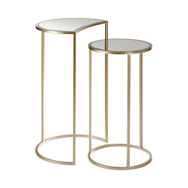 Set of 2 Art Deco Gold Champagne Finish Base Nesting Side Tables with Mirrored Glass Tops | Avantis