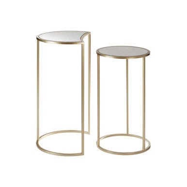 Set of 2 Art Deco Gold Champagne Finish Base Nesting Side Tables with Mirrored Glass Tops | Avantis