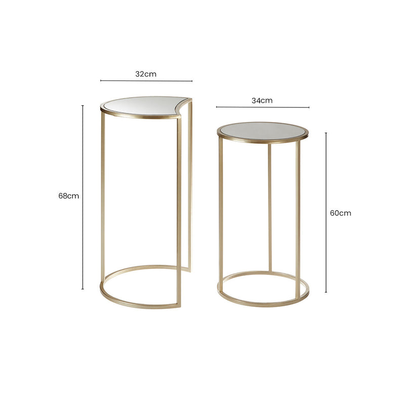 Set of 2 Art Deco Gold Champagne Finish Base Nesting Side Tables with Mirrored Glass Tops | Avantis