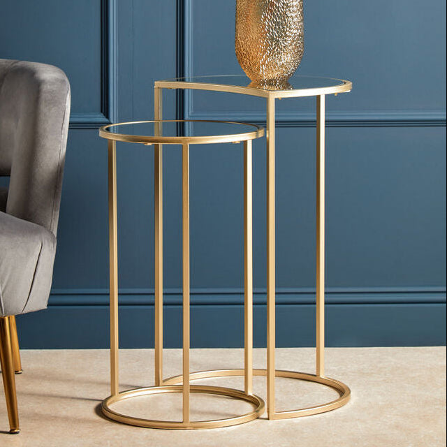 Set of 2 Art Deco Gold Champagne Finish Base Nesting Side Tables with Mirrored Glass Tops | Avantis