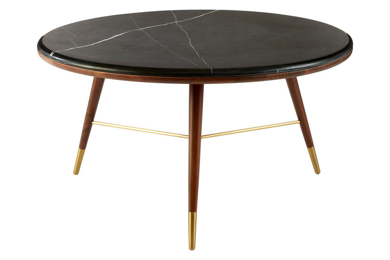 Marble Top Round Coffee Table with Walnut Wood Frame in Natural Finish | Kenso