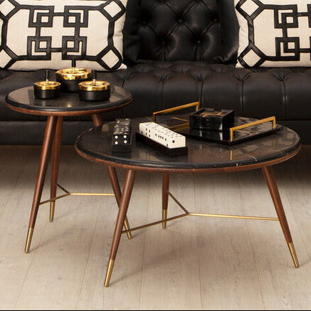 Marble Top Round Coffee Table with Walnut Wood Frame in Natural Finish | Kenso