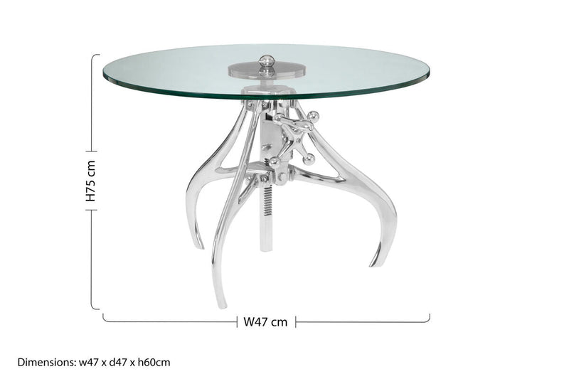 Clear Glass Top Accent Table with Silver Height Adjustable Crank Mechanism Metal Frame | Maxi