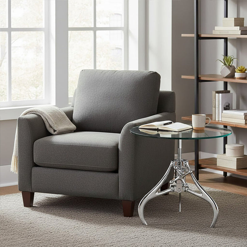 Clear Glass Top Accent Table with Silver Height Adjustable Crank Mechanism Metal Frame | Maxi