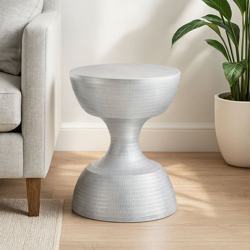 Silver Small Hourglass Aluminium Side Table with Engraved Detail | Matin