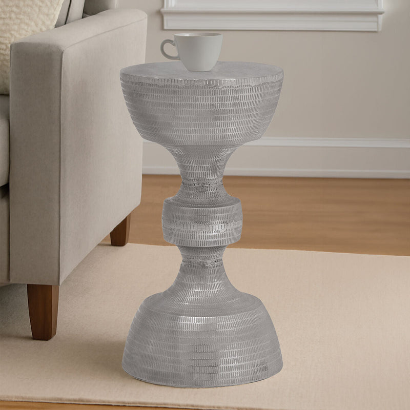 Silver Large Hourglass Aluminium Side Table with Engraved Detail | Matin