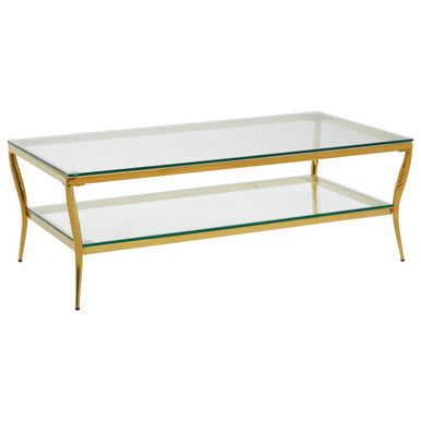 Two-Tier Coffee Table with Clear Tempered Glass Top and Gold Finish Stainless Steel Frame, Arezzo