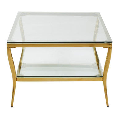 Two-Tier Coffee Table with Clear Tempered Glass Top and Gold Finish Stainless Steel Frame, Arezzo