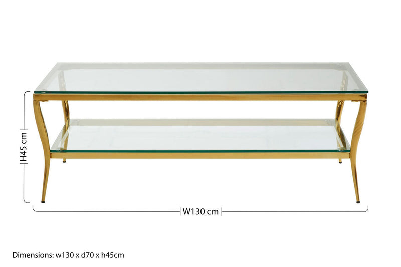Two-Tier Coffee Table with Clear Tempered Glass Top and Gold Finish Stainless Steel Frame, Arezzo