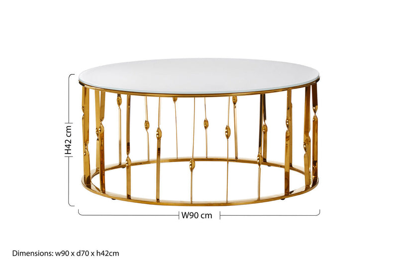 White Tempered Glass Top Round Coffee Table with Gold Finish Stainless Steel Frame | Arezzo