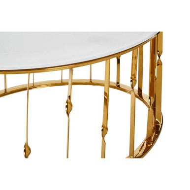 White Tempered Glass Top Round Coffee Table with Gold Finish Stainless Steel Frame | Arezzo