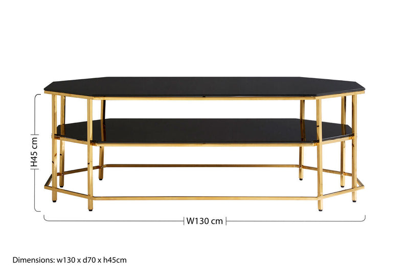 Black Tempered Glass Two-Tier Coffee Table with Warm Gold Stainless Steel Hexagonal Frame, Arezzo