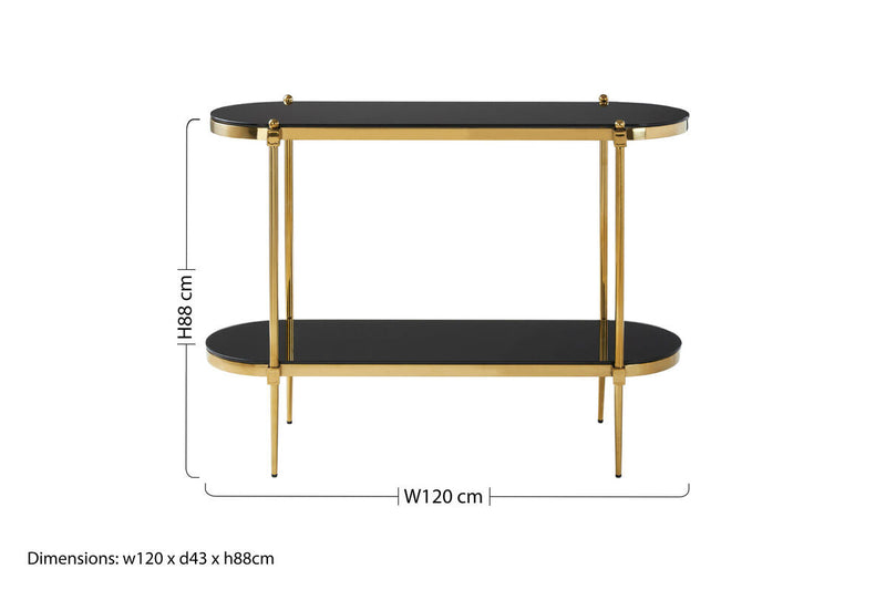 Gold Stainless Steel Frame 2-Tier Console Table with Double Black Tempered Glass Tiers | Arezzo