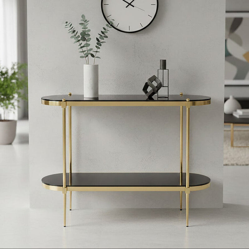Gold Stainless Steel Frame 2-Tier Console Table with Double Black Tempered Glass Tiers | Arezzo