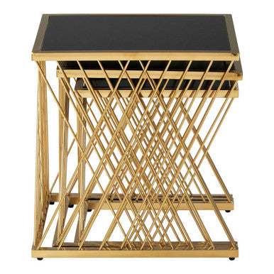 Set of 3 Gold Finish Stainless Steel Frame Nesting Tables with Black Glass Tops | Arezzo