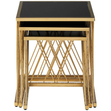Set of 3 Gold Finish Stainless Steel Frame Nesting Tables with Black Glass Tops | Arezzo