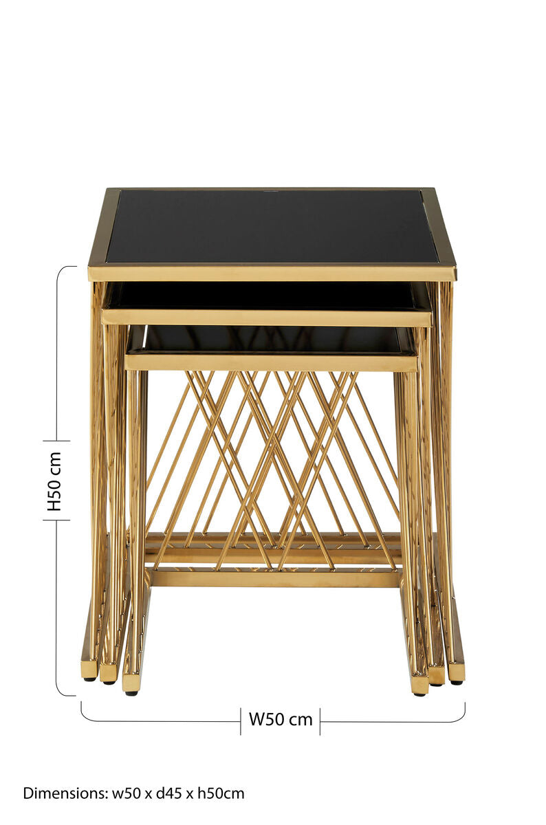Set of 3 Gold Finish Stainless Steel Frame Nesting Tables with Black Glass Tops | Arezzo