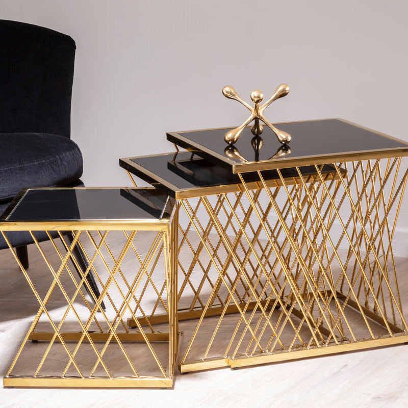 Set of 3 Gold Finish Stainless Steel Frame Nesting Tables with Black Glass Tops | Arezzo