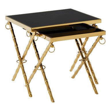 Set of 2 Gold Finish Stainless Steel Frame Nesting Tables with Black Glass Tops | Arezzo