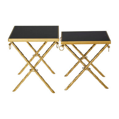 Set of 2 Gold Finish Stainless Steel Frame Nesting Tables with Black Glass Tops | Arezzo