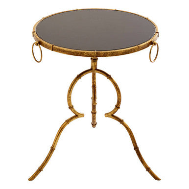 Black Tempered Glass Top Accent Table with Arabesque Quatrefoil Gold Metal Frame | Monroe