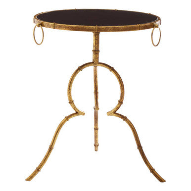 Black Tempered Glass Top Accent Table with Arabesque Quatrefoil Gold Metal Frame | Monroe