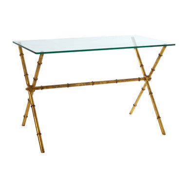 Gold Tempered Glass Console Table with Bamboo-Style Steel Frame, Monroe