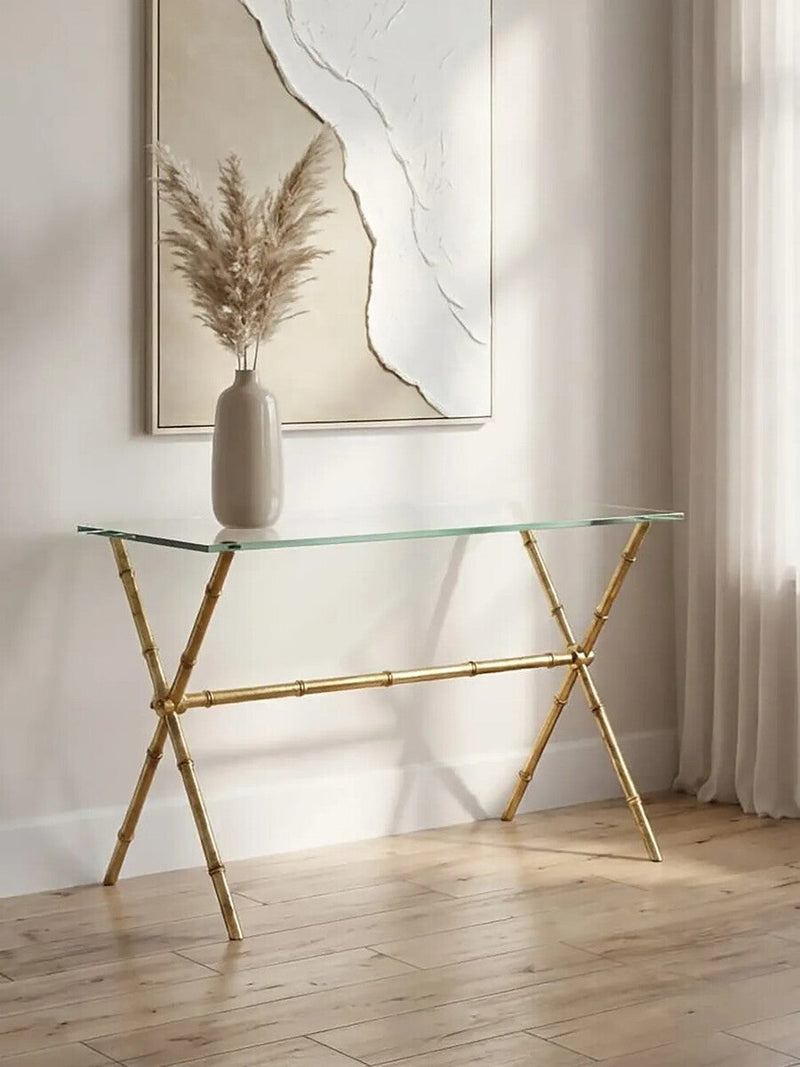 Gold Tempered Glass Console Table with Bamboo-Style Steel Frame, Monroe