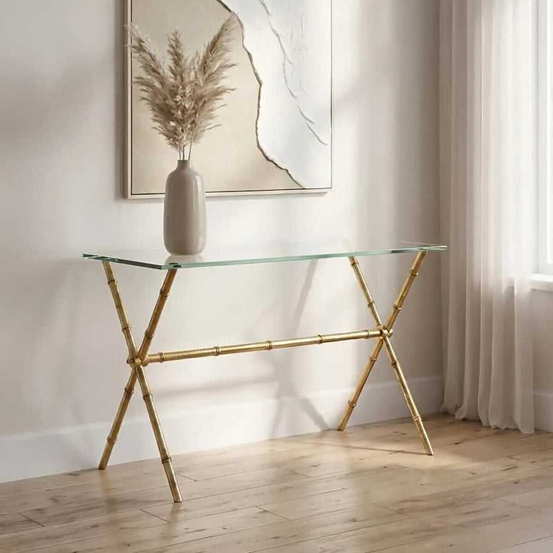 Gold Tempered Glass Console Table with Bamboo-Style Steel Frame, Monroe