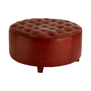 Round Button Tufted Antique Brown Leather Large Stool | Inca