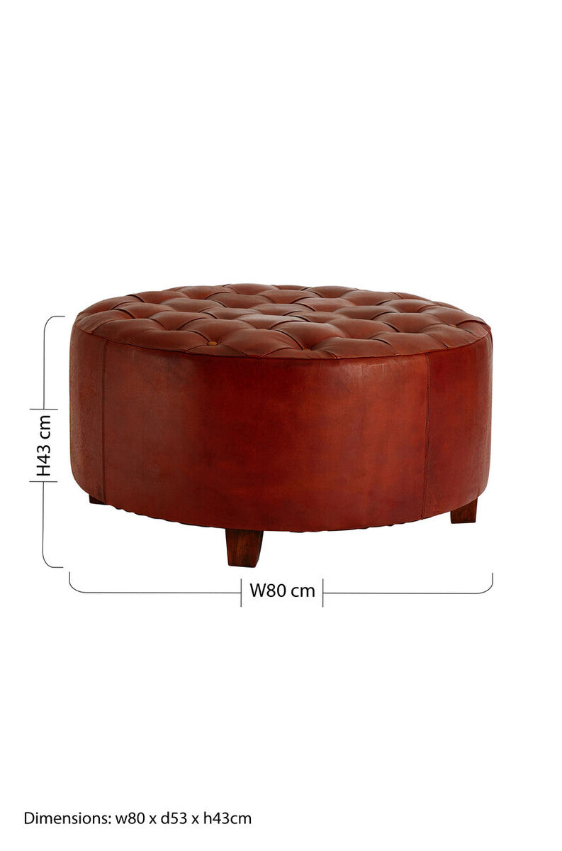 Round Button Tufted Antique Brown Leather Large Stool | Inca