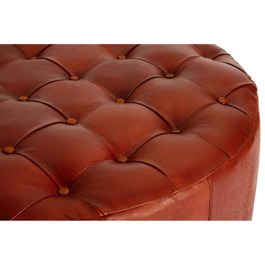 Round Button Tufted Antique Brown Leather Large Stool | Inca