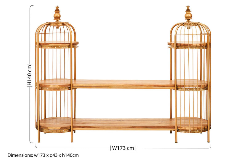 Long Gold Finish Birdcage Shelf Unit | Mantis