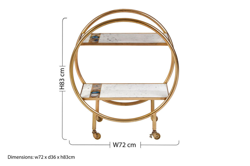 2 Tier Gold Finish Bar Trolley with Marble and Agate Shelves | Vizzini