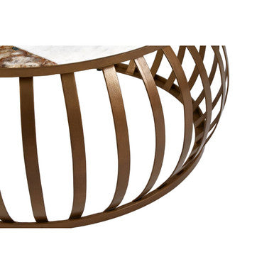 Semi-Precious Agate and White Marble Top Round Coffee Table with Brass Finish Iron Base, Vizzini