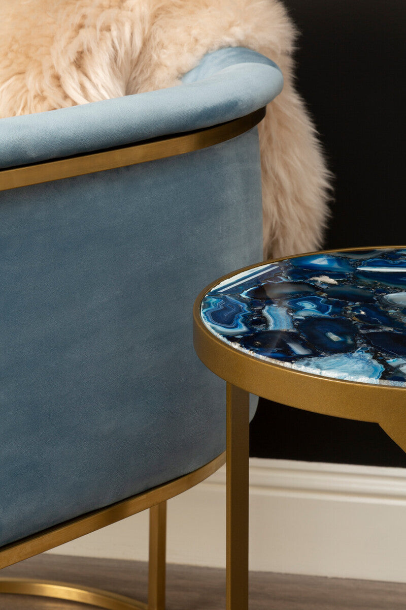 Round Polished Blue Agate Side Table with Gold Intersecting Legs | Vizzini