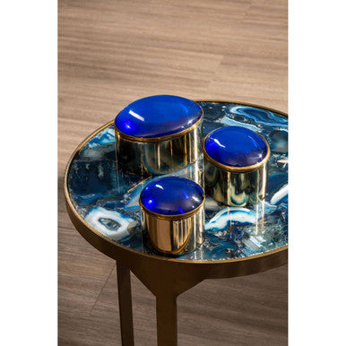 Round Polished Blue Agate Side Table with Gold Intersecting Legs | Vizzini