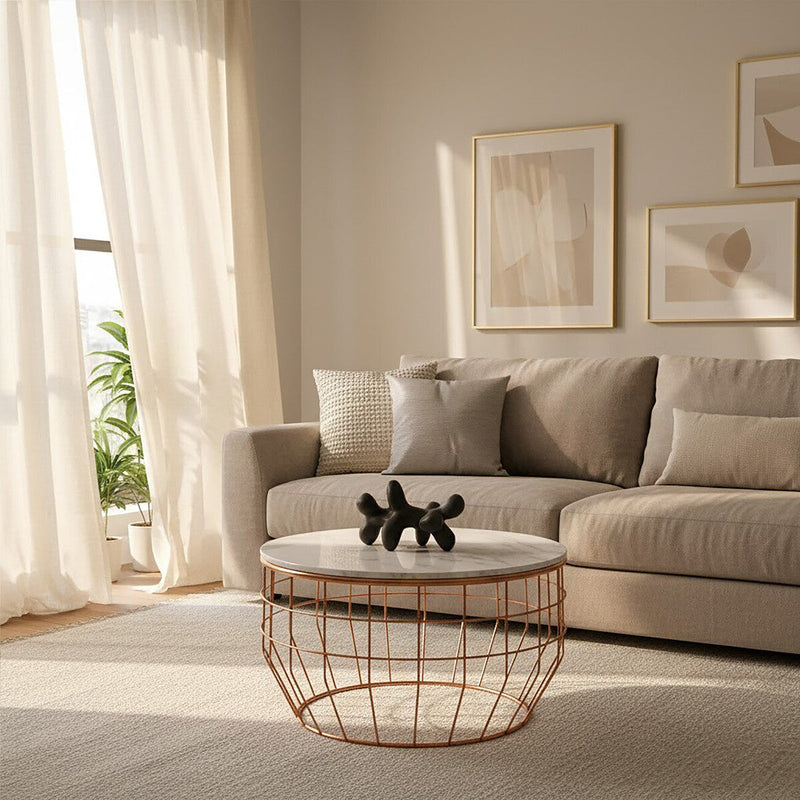White Marble Top Coffee Table with Agate Inset and Copper Iron Wireframe Base | Vizzini