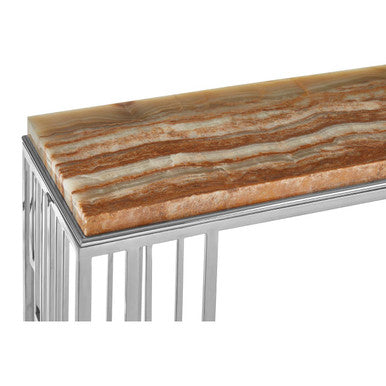 Natural Onyx Stone Top Console Table with Silver Stainless Steel Frame | Relic