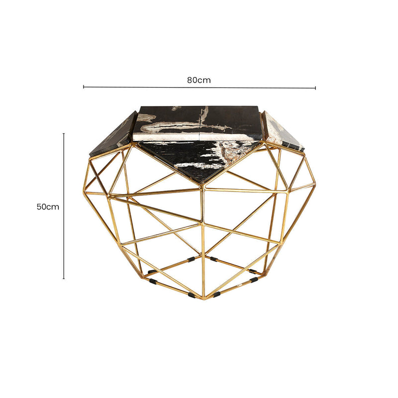 Dark Petrified Wood Top Rectangular Side Table with Gold Brass Tone Iron Base | Relic