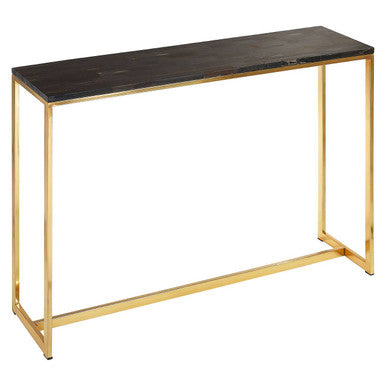 Dark Petrified Wood Top Console Table with Brass Finish Geometric Frame | Relic