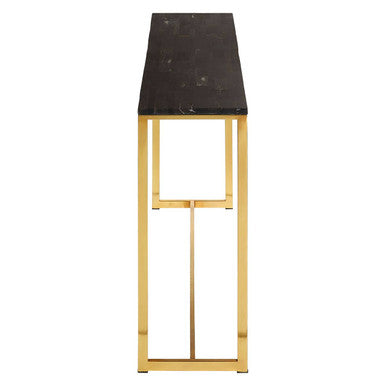 Dark Petrified Wood Top Console Table with Brass Finish Geometric Frame | Relic