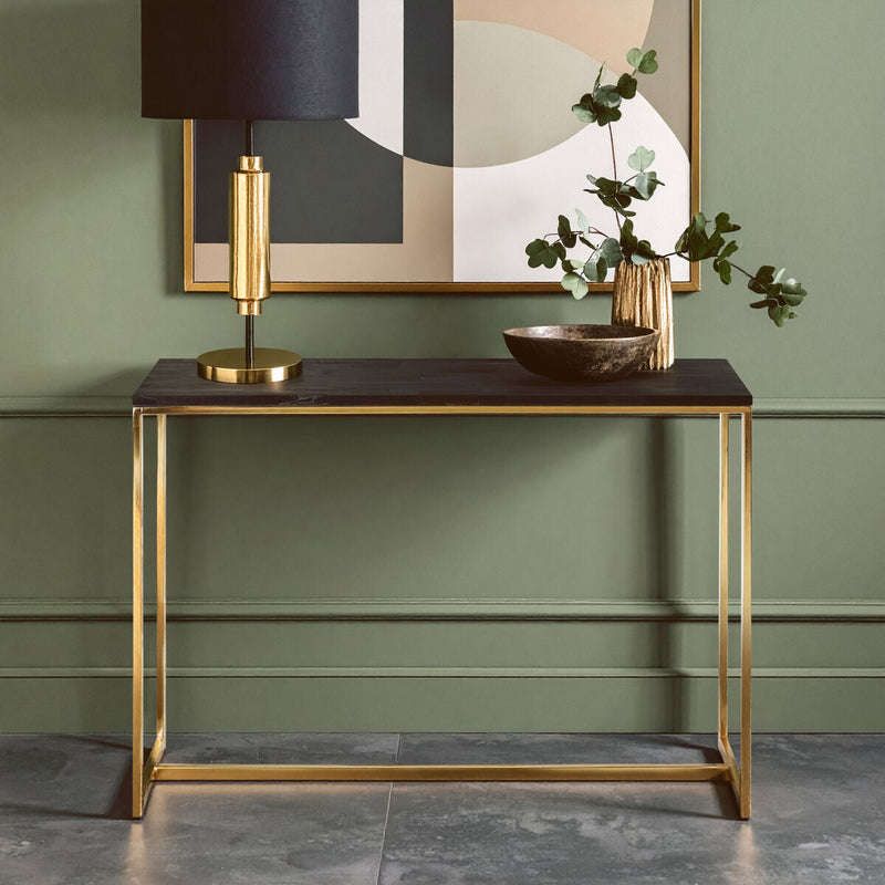 Dark Petrified Wood Top Console Table with Brass Finish Geometric Frame | Relic