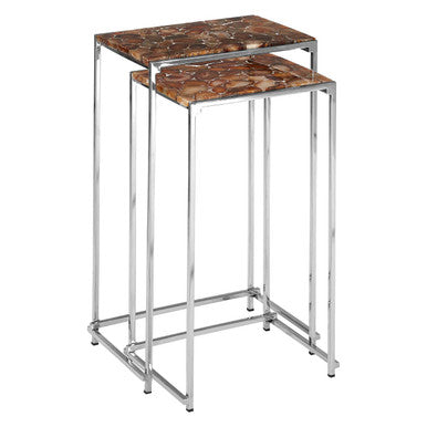 Nest of 2 Side Tables with Natural Agate Onyx Stone Tops and Black Iron Geometric Base | Relic