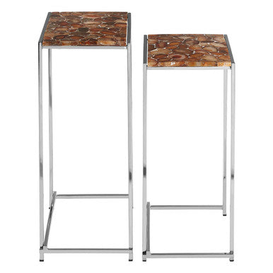 Nest of 2 Side Tables with Natural Agate Onyx Stone Tops and Black Iron Geometric Base | Relic