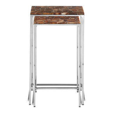 Nest of 2 Side Tables with Natural Agate Onyx Stone Tops and Black Iron Geometric Base | Relic