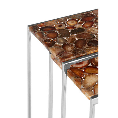 Nest of 2 Side Tables with Natural Agate Onyx Stone Tops and Black Iron Geometric Base | Relic